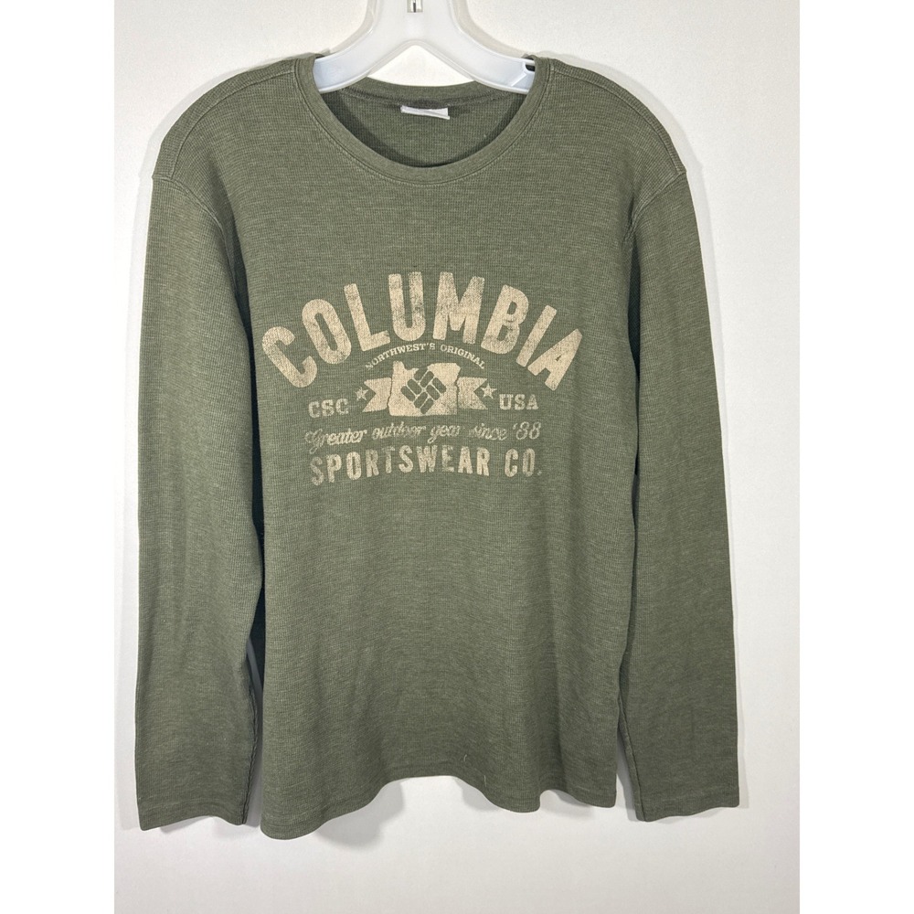 Columbia Sportswear Mens Medium Olive Green Waffle Knit Ketring Graphic Shirt
